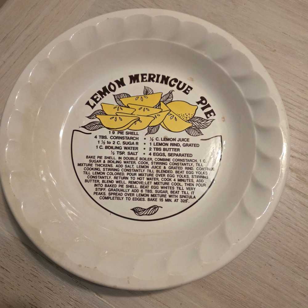 Vintage Lemon Meringue Pie Recipe Ceramic Pie Plate Scalloped Edge Made in Korea